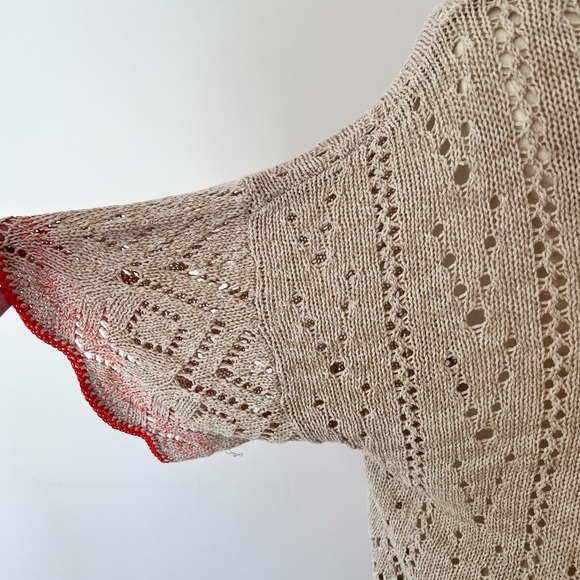 Sundance Beige Openwork Knit Blouse with Orange Trim, Casual Beach Coastal - Picture 5 of 6